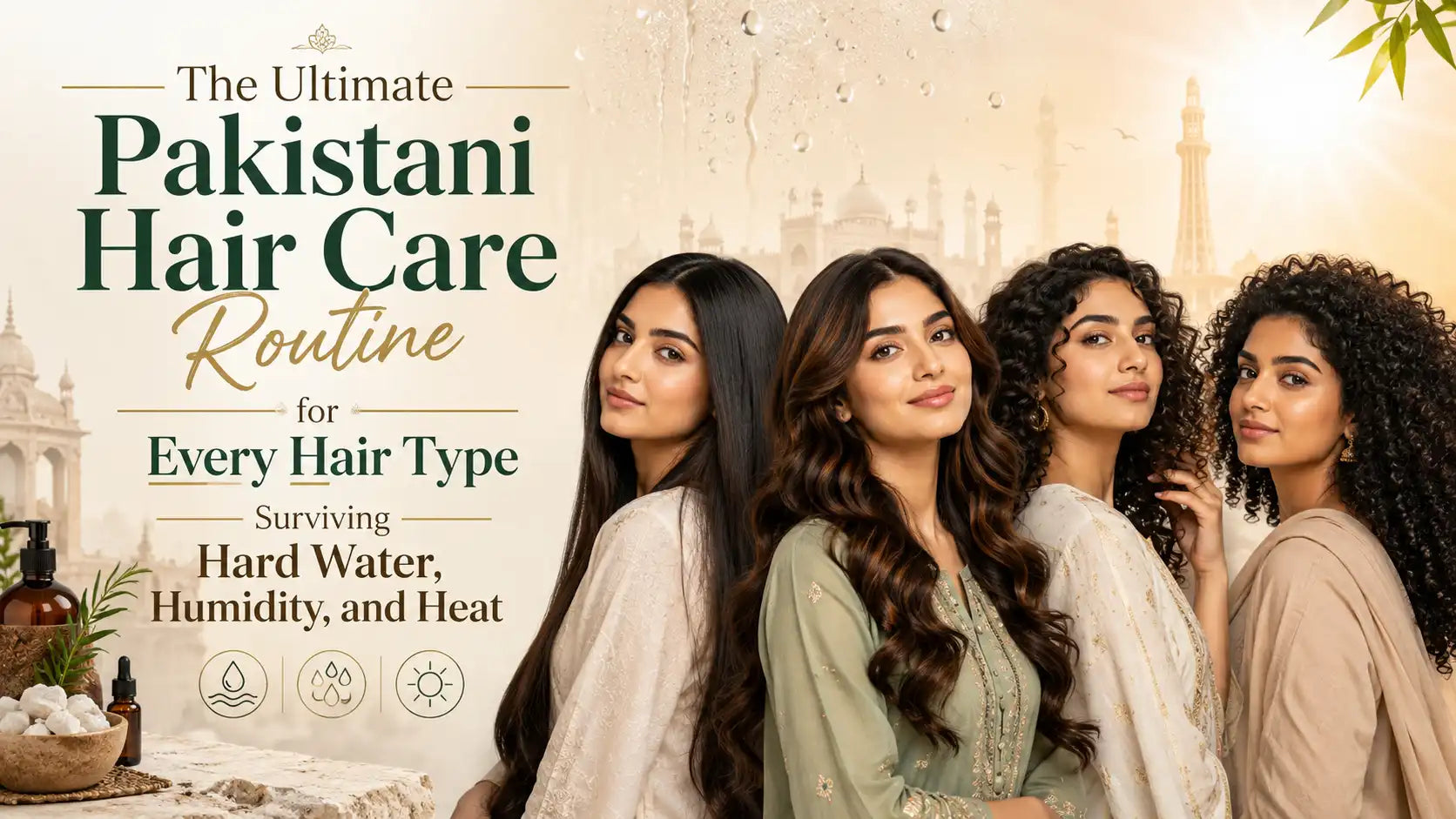 Pakistani hair care routine for every hair type, featuring women with straight, wavy and curly hair, hair care products, and icons for hard water, humidity and heat.