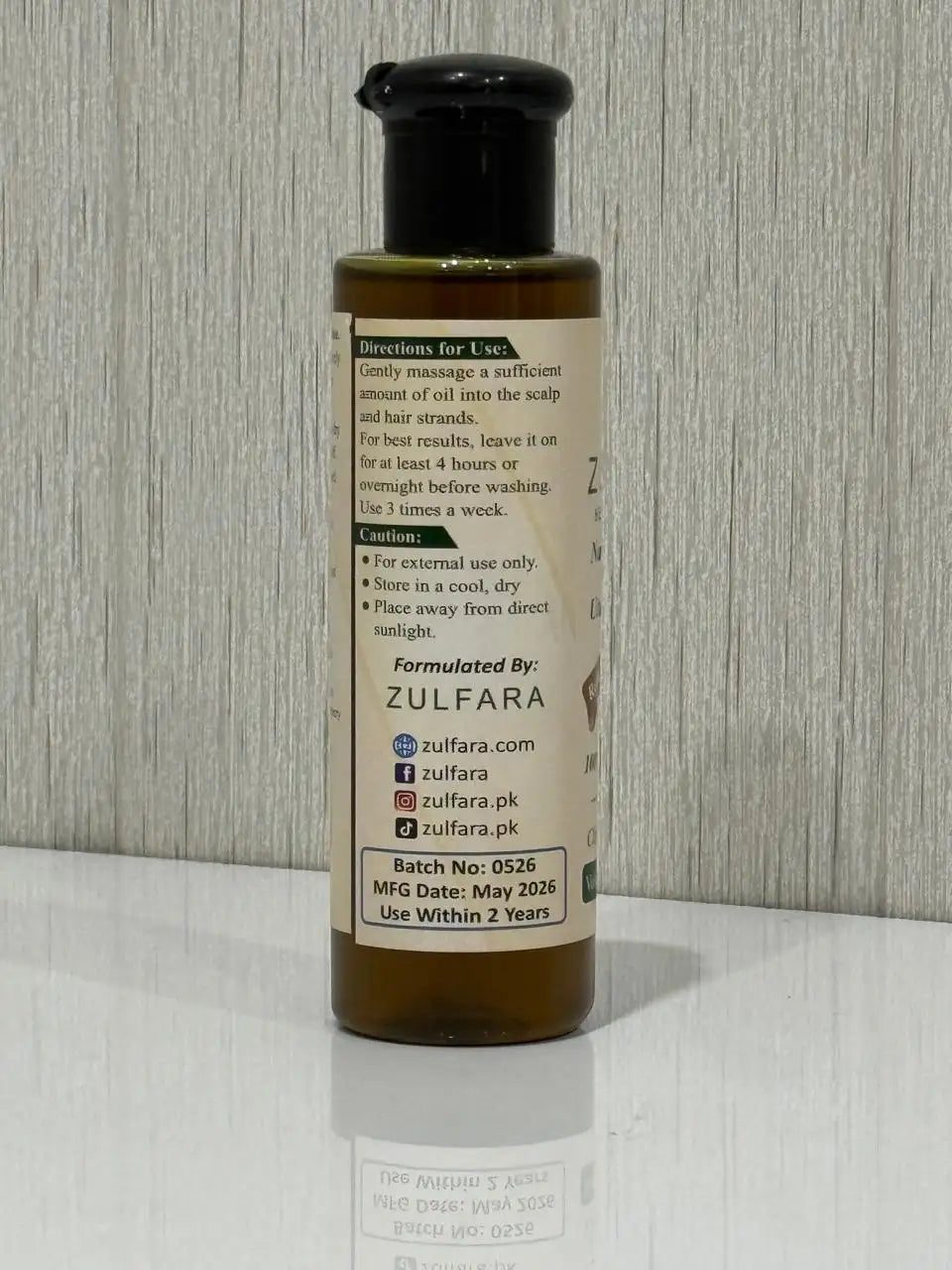 Directions for use & Cautions of Zulfara Herbal Hair Oil bottle