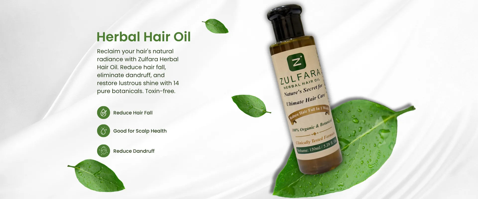 Zulfara Herbal Hair Oil desktop website homepage promotional main banner